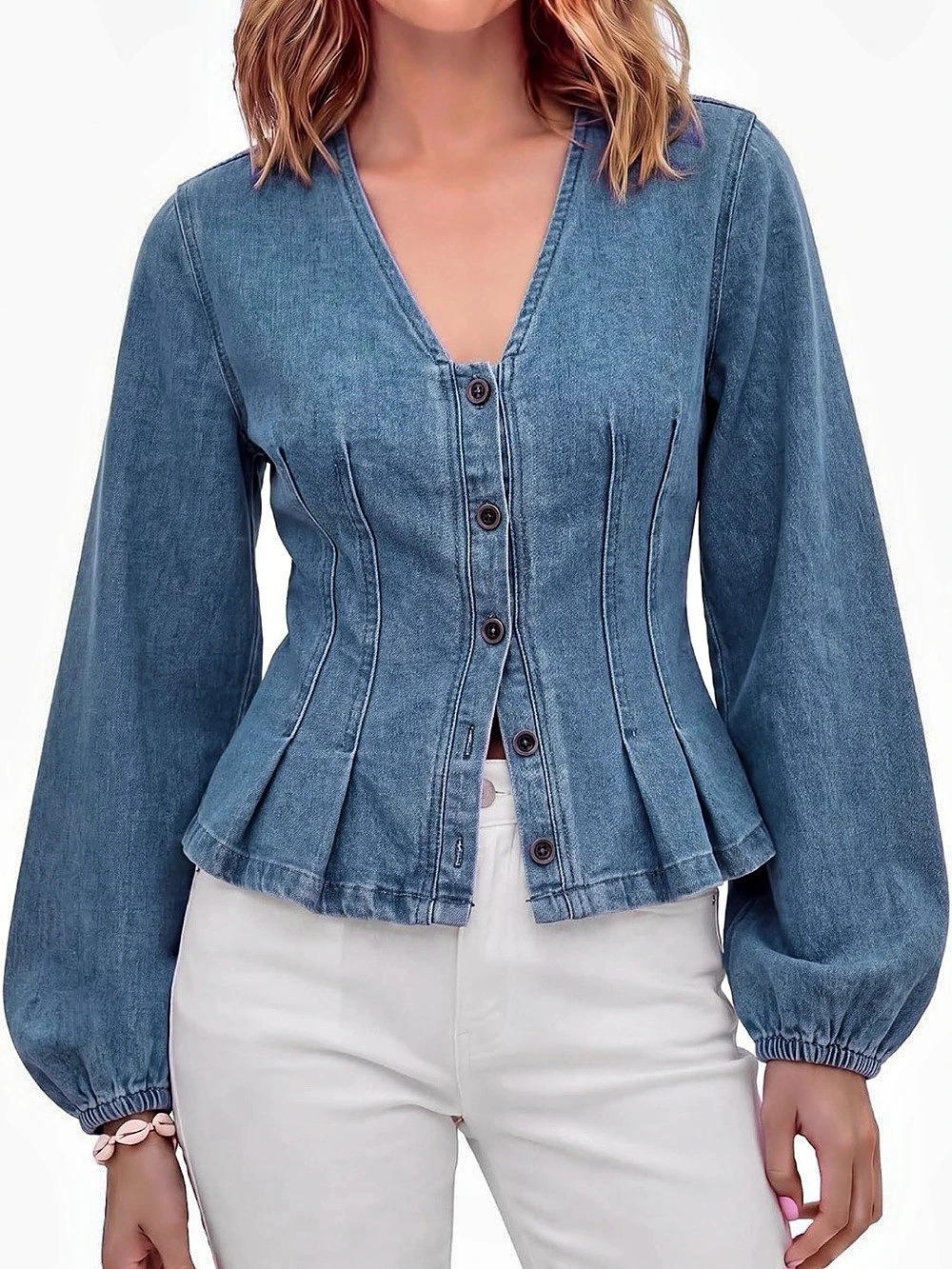 Women’s Denim Peplum Button Down Shirt Fitted Puff Long Sleeve